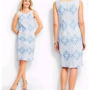TALBOTS Women Blue‎ & White Cut Away Lace Floral Sheath Dress Lined Size 4 $179